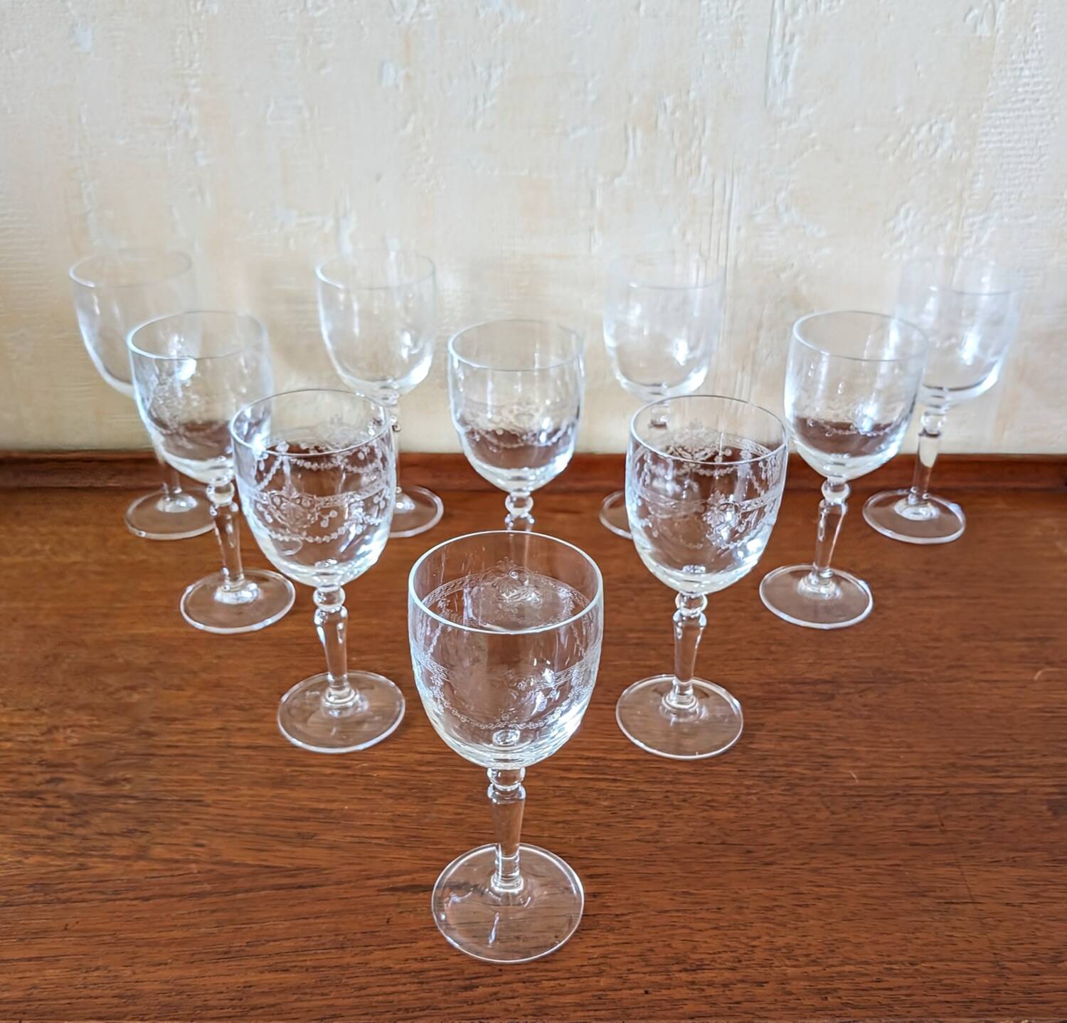 Antique engraved crystal glasses Dampierre model