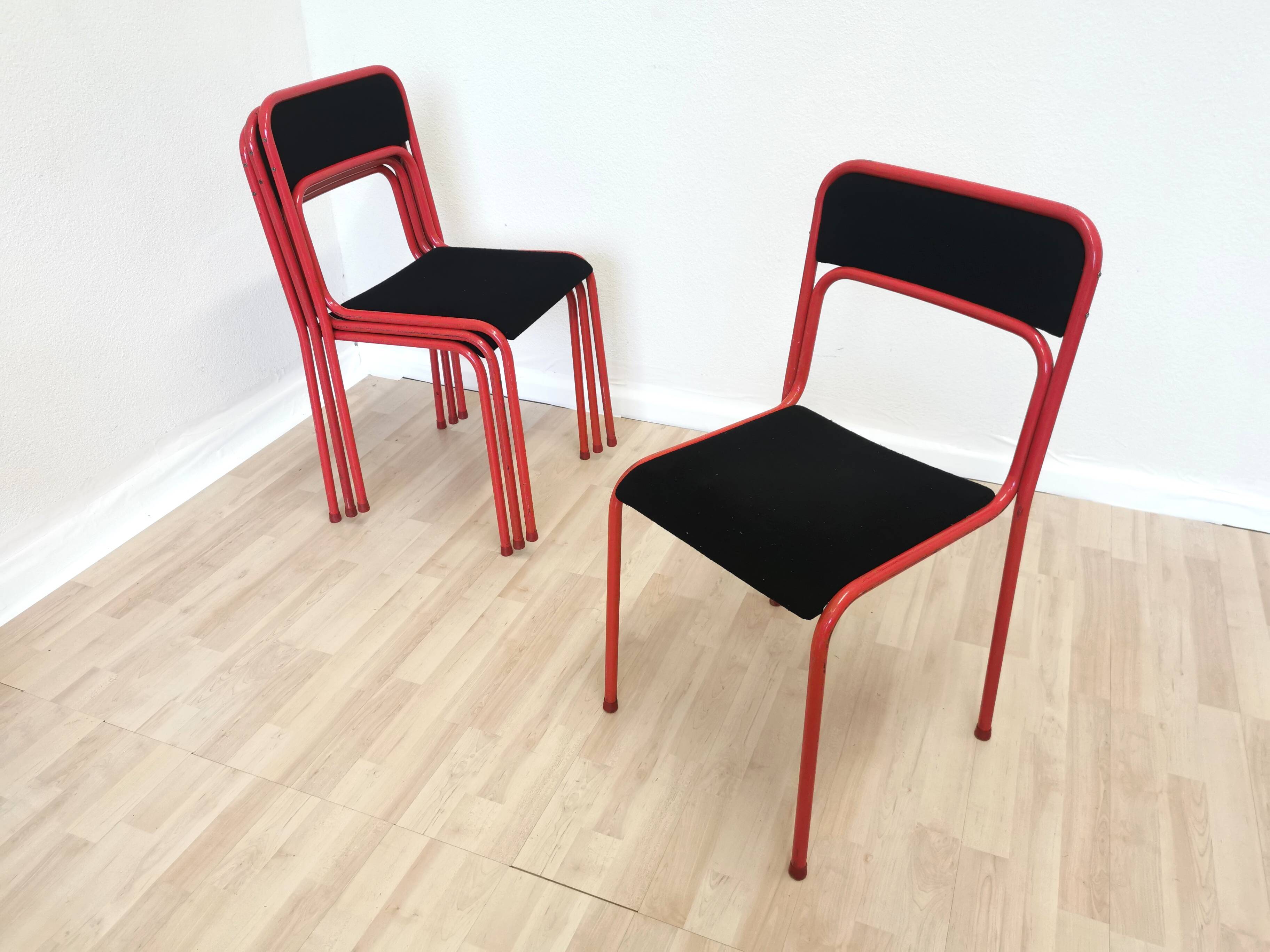 Set of 4 1970s Red & Black Metal Chair: Space Age Stackable Dining Chair