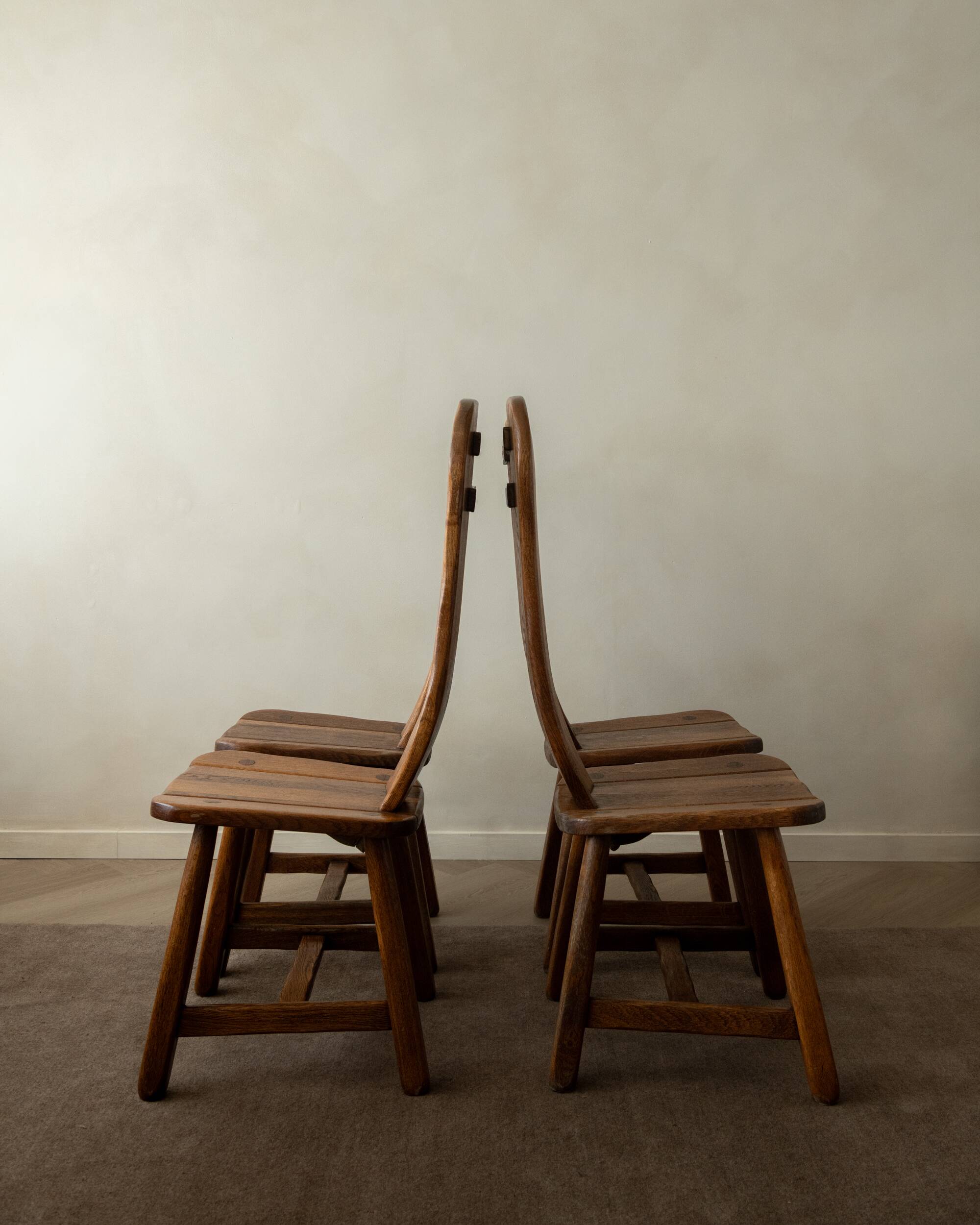Brutalist Oak Dining Chairs Sculptural Backs by De Puydt, 1960s, Set of 4