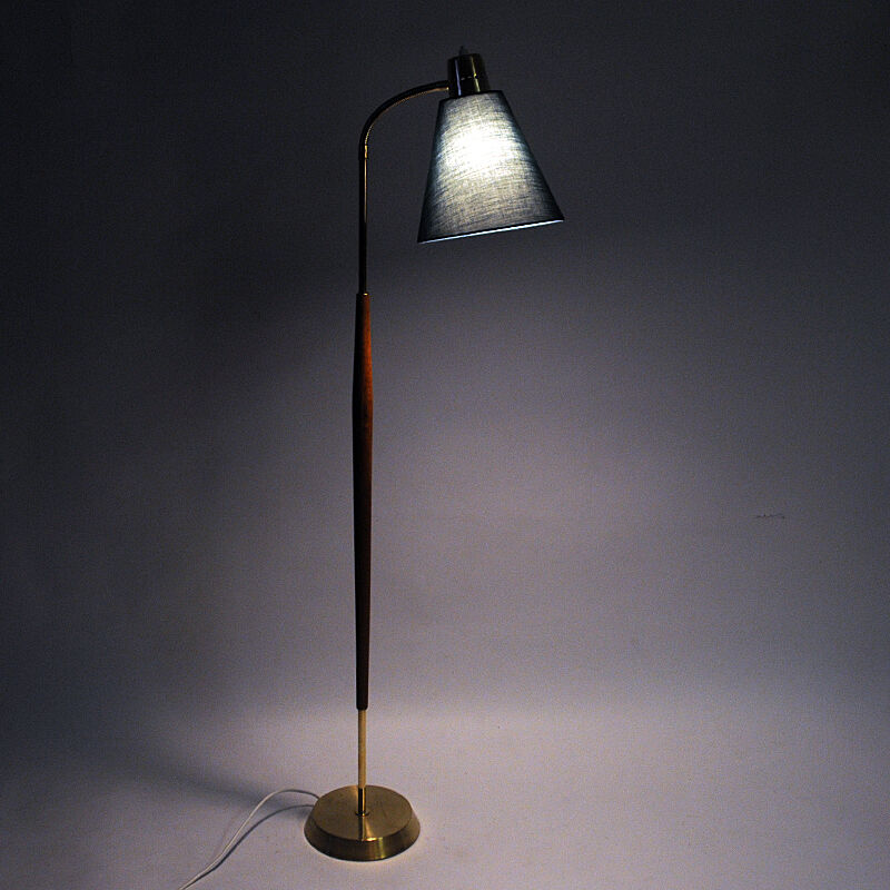 Lampadaire vintage en teck et laiton avec abat-jour vert par Borèns, Borås, Suède 1950s
