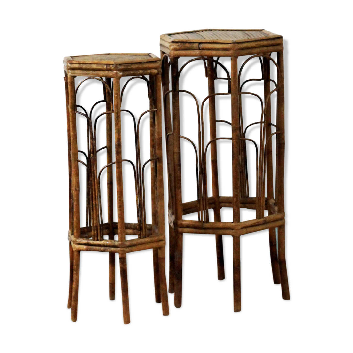 Pair of bamboo and rattan stools