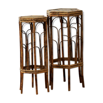 Pair of bamboo and rattan stools