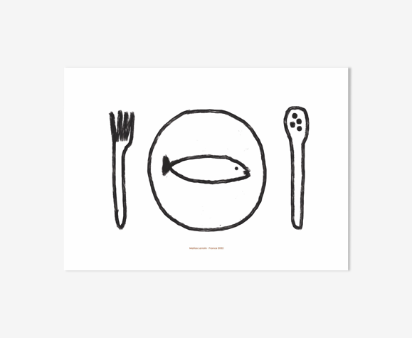 Affiche murale avec assiette couvert et poisson pour la cuisine 70cm*50cm