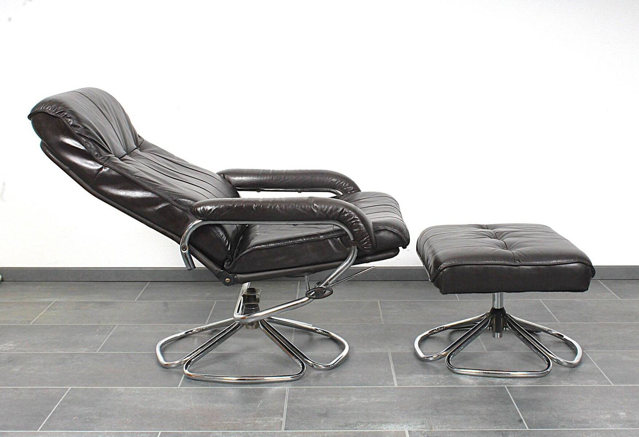 Unico 1970s Dark Brown Leather Lounge Chair and Ottoman Set of 2