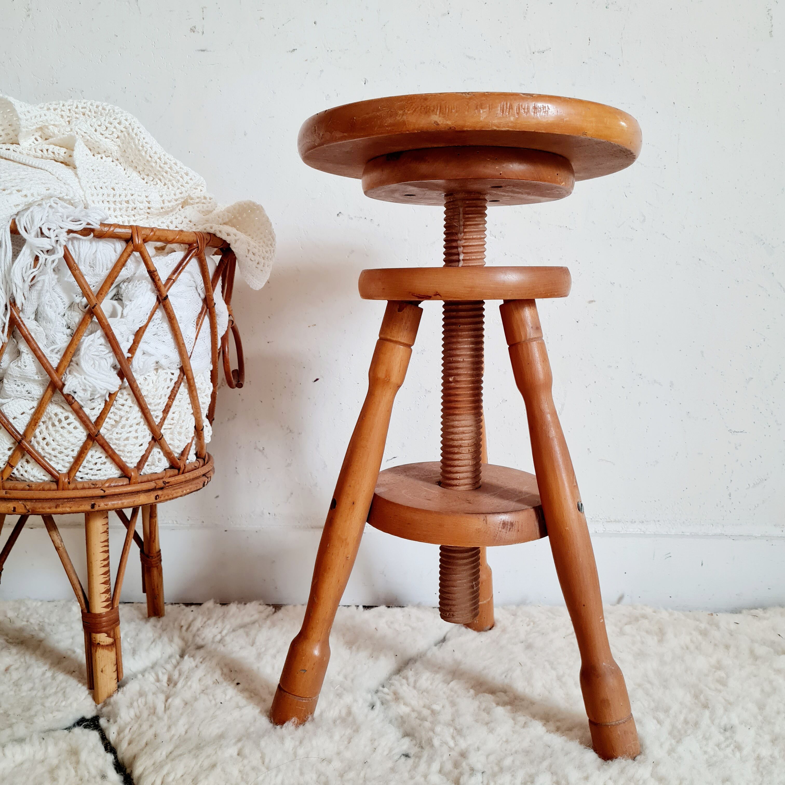 Adjustable antique wooden stool