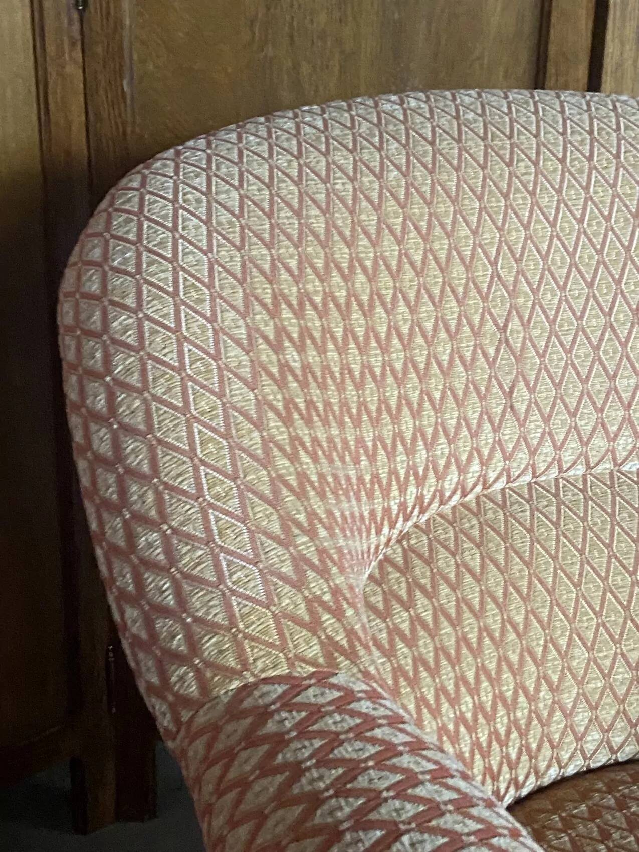 Pair of renovated upholstered frog chairs in beige velvet.