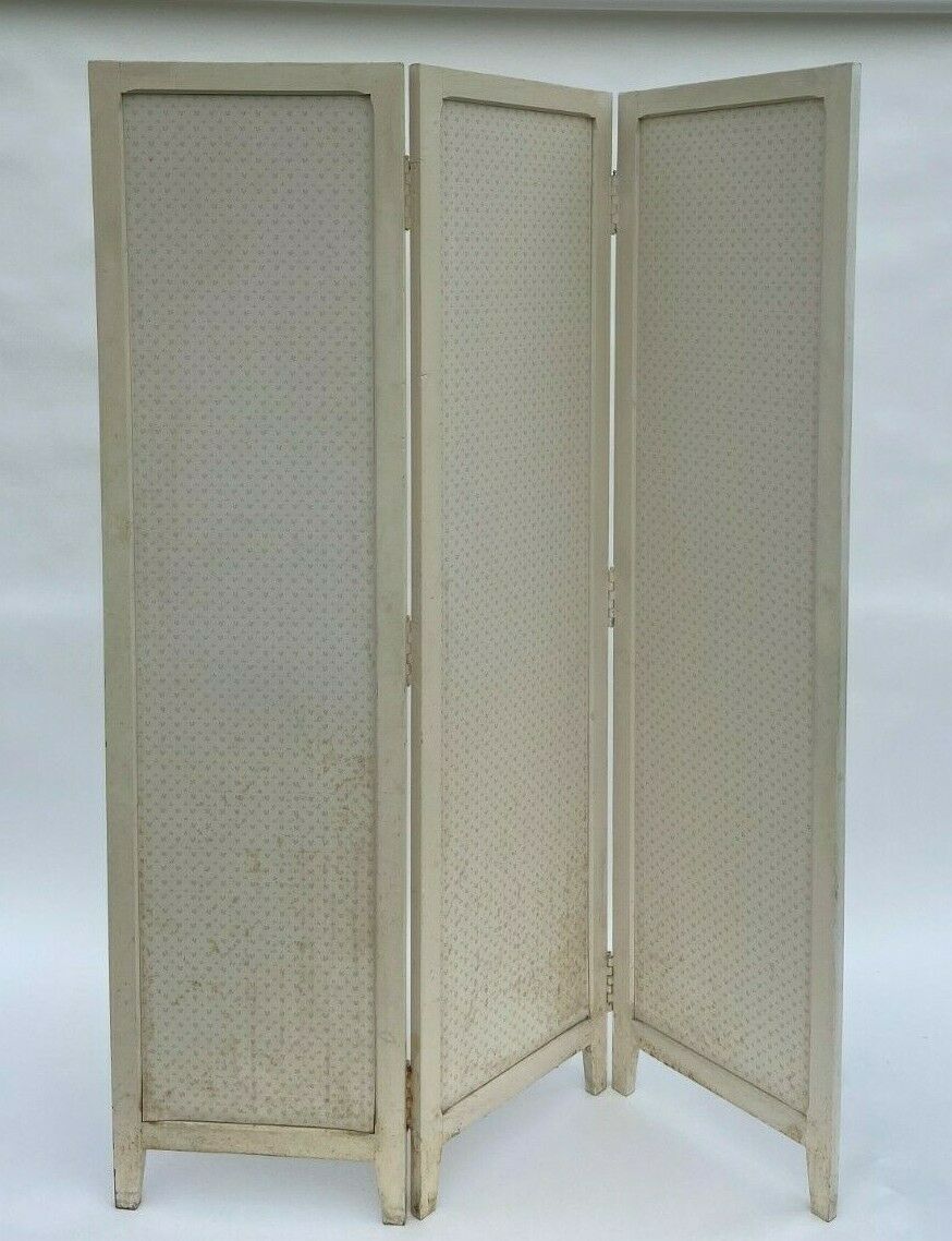 Paravent 3 vantaux 1920 patine creme en bois papier colle