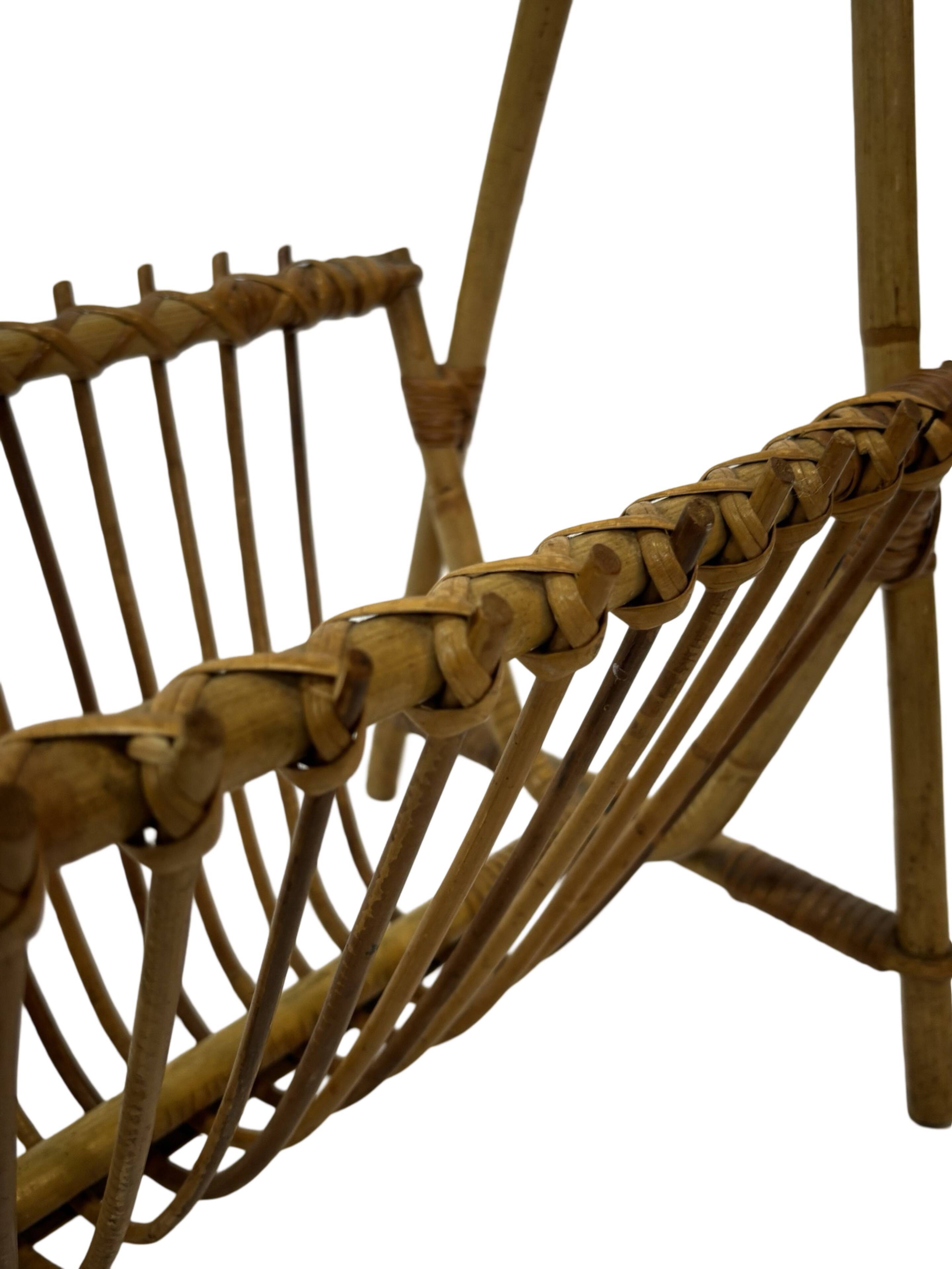 Vintage Rattan Magazine Basket Newspaper Rack 60s Rohe