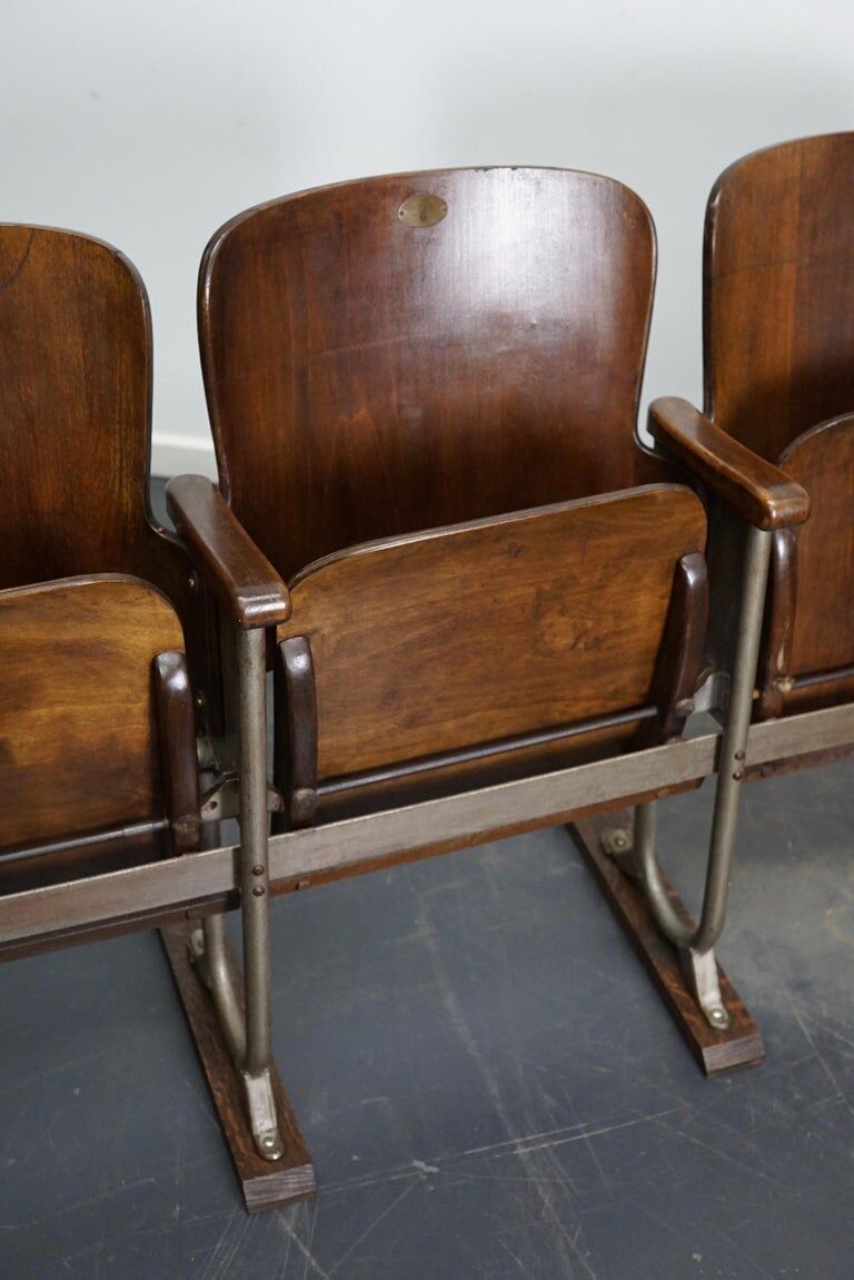 Vintage 4-seater cinema bench in metal and wood, Netherlands, 1930s