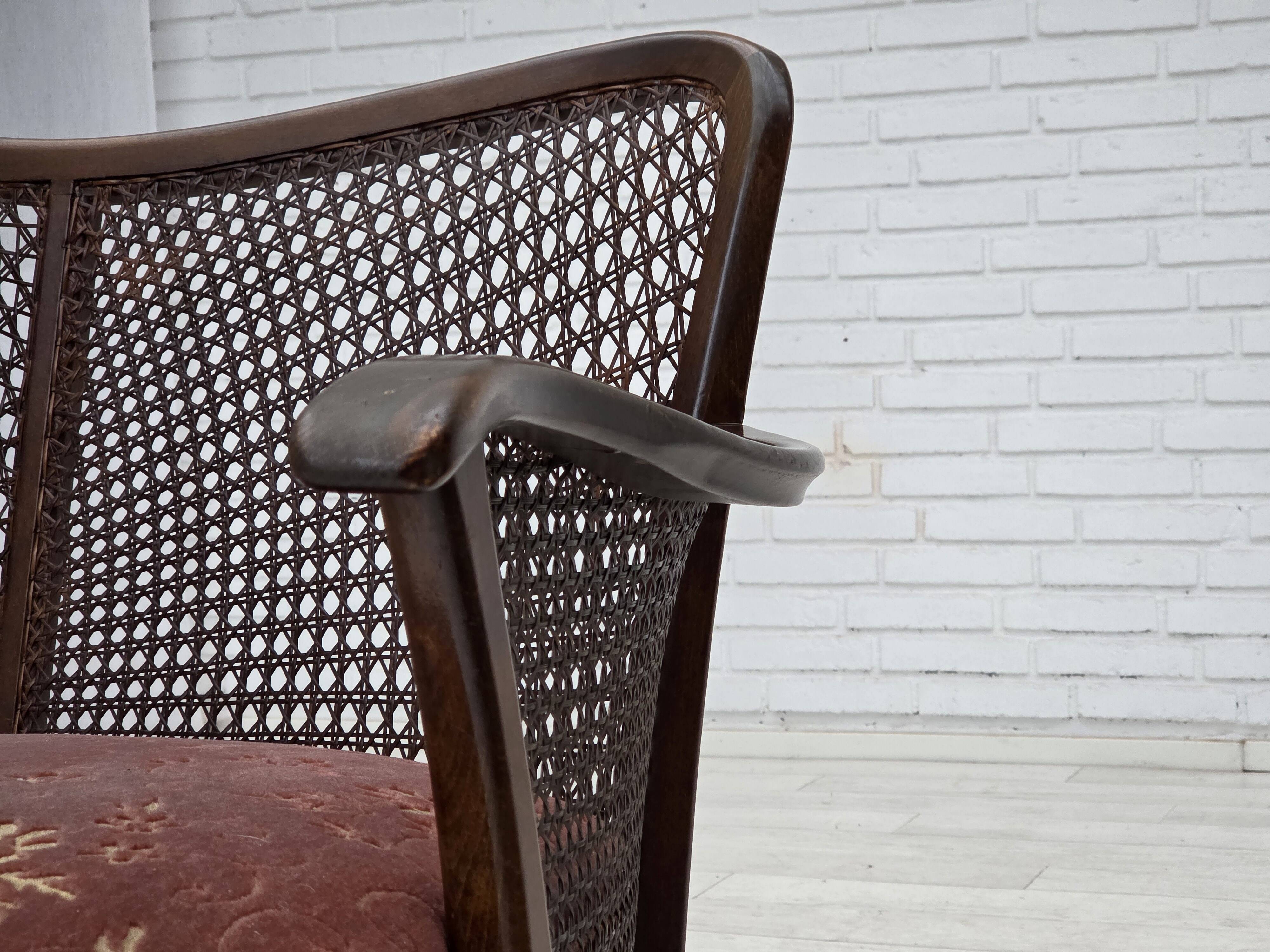 1950s, Danish 3-seater sofa, salmon/pink velour, furniture mesh.