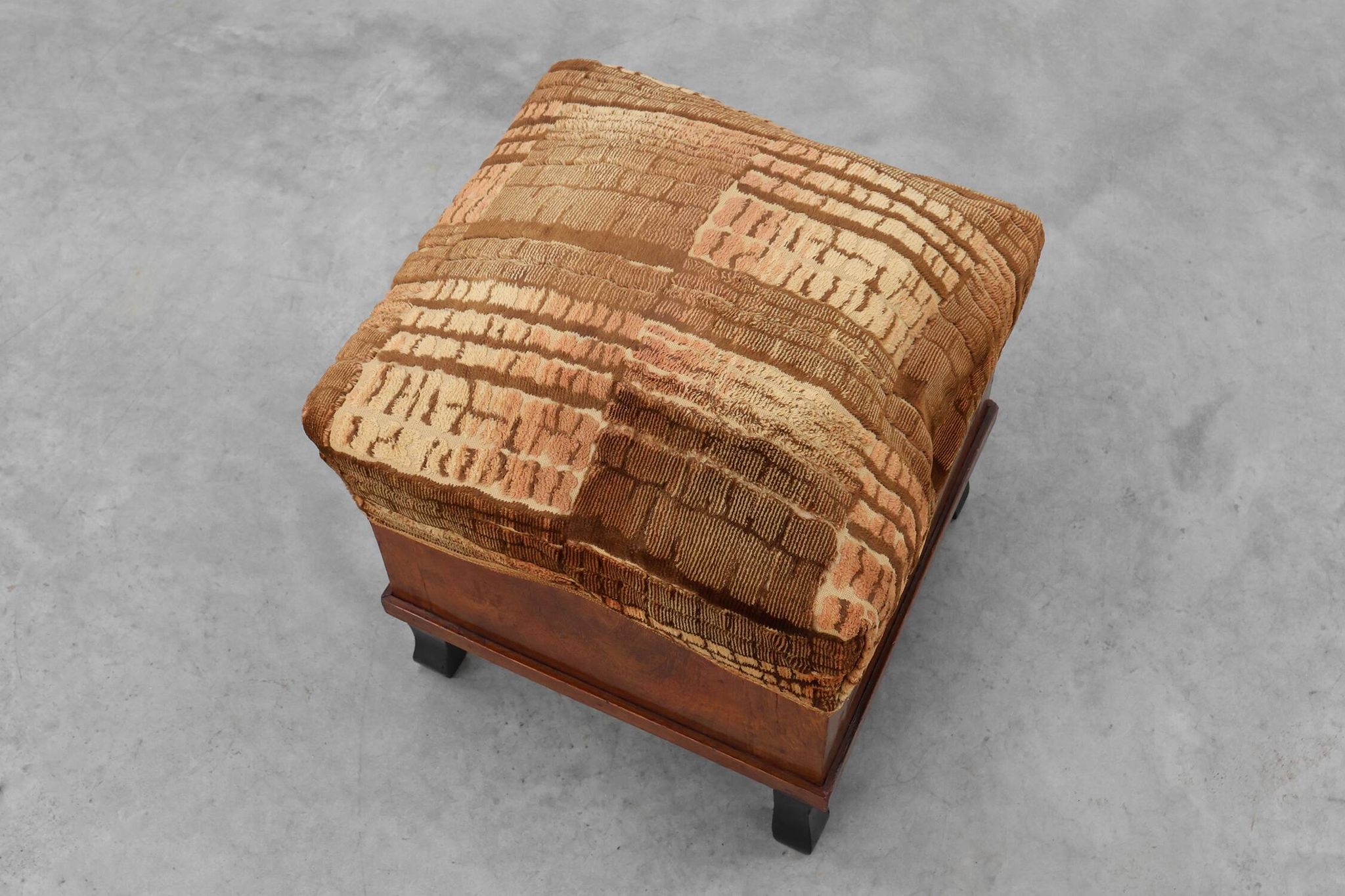 Pair Art Deco walnut stools with original velvet upholstery, Italy 1920s