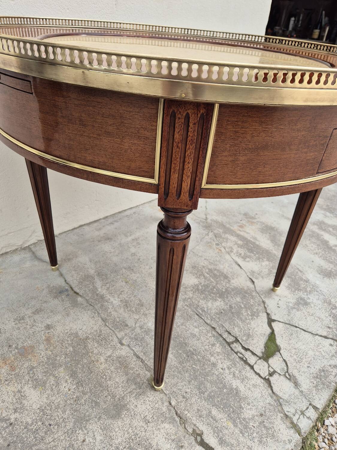 Louis XVI style mahogany bouillotte table in marquetry and bronze