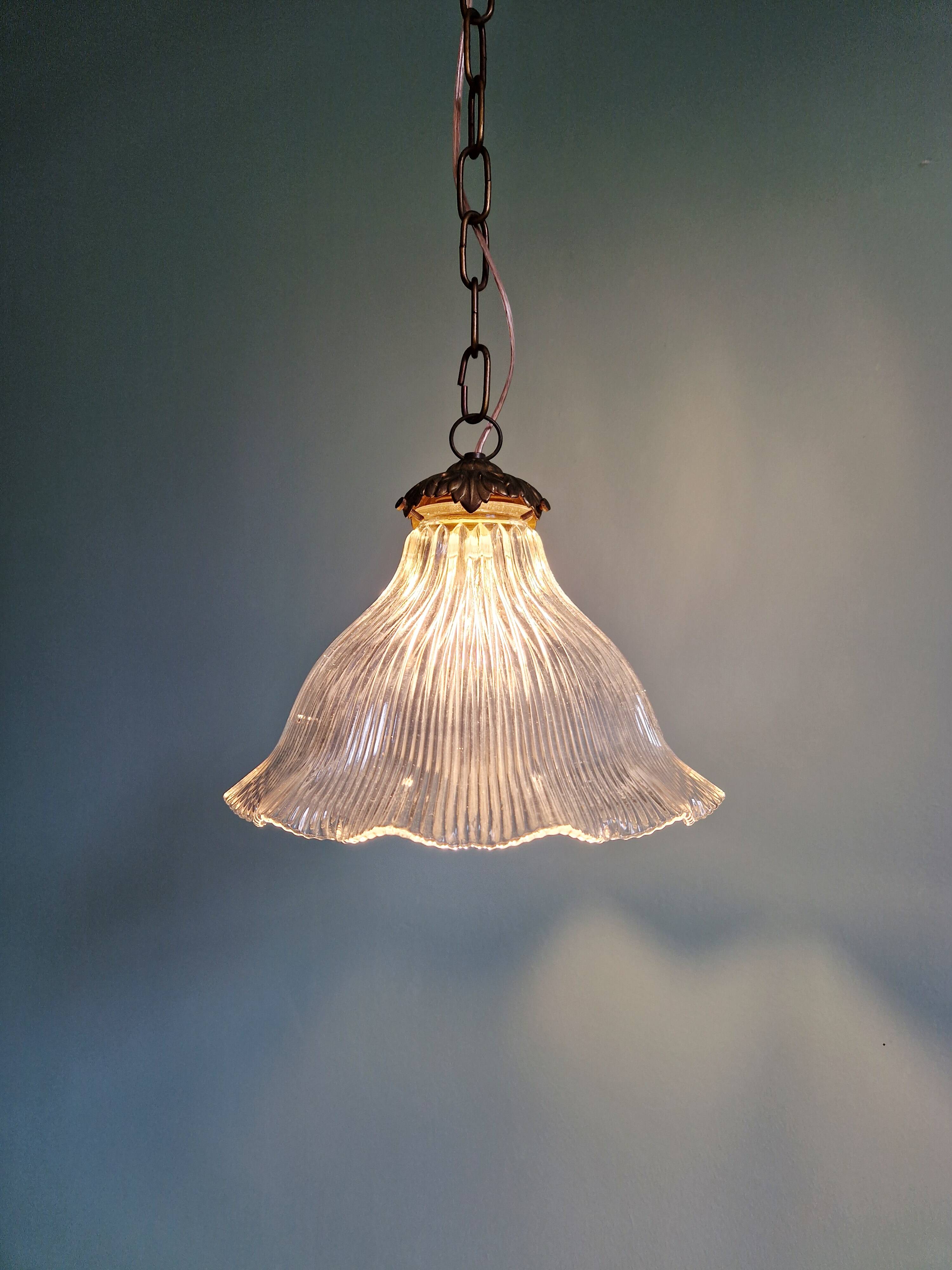 Suspension Holophane in ribbed transparent glass, 1930s