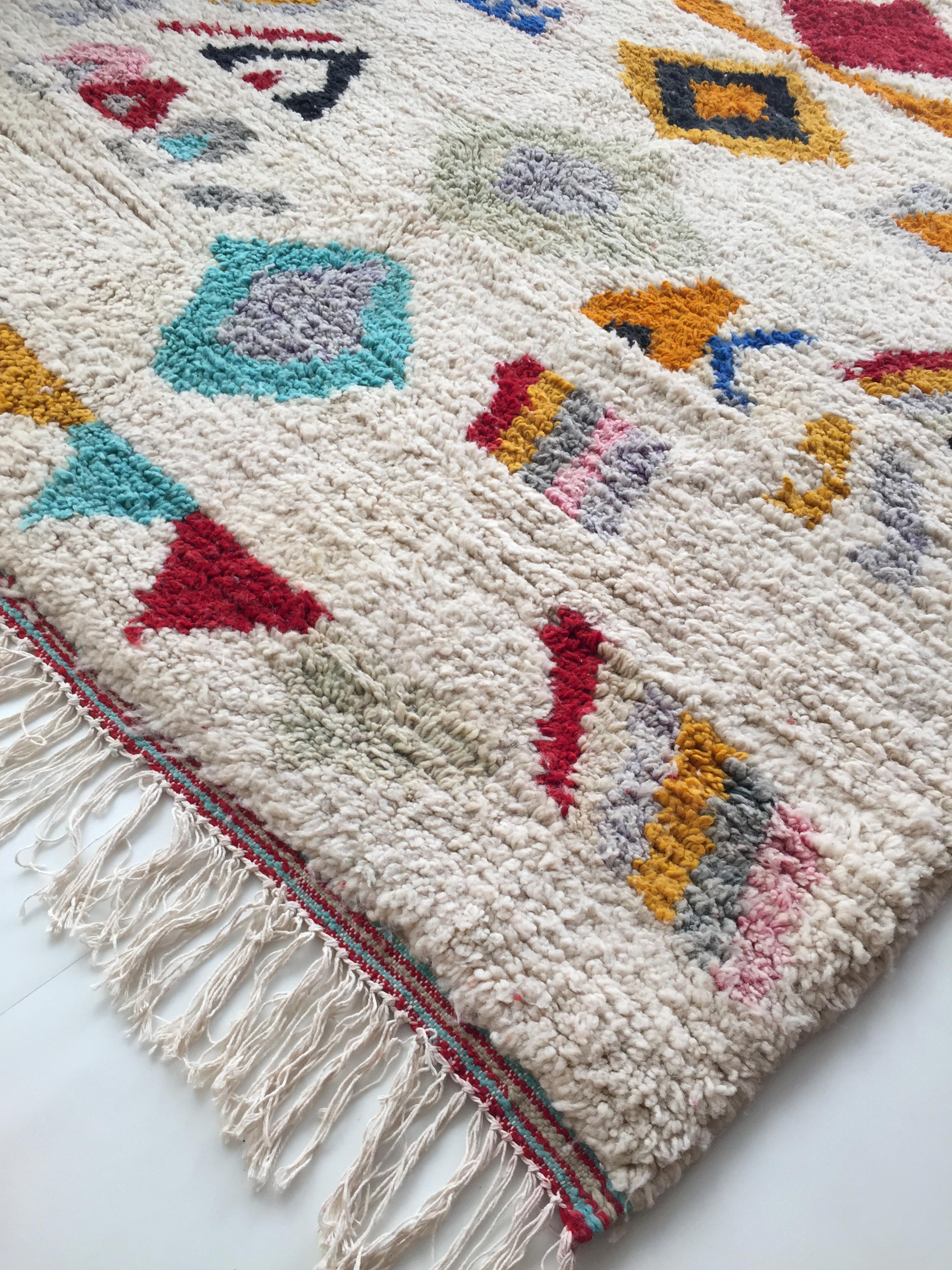 Moroccan Berber carpet Boujaad ecru with colorful patterns 263x185cm