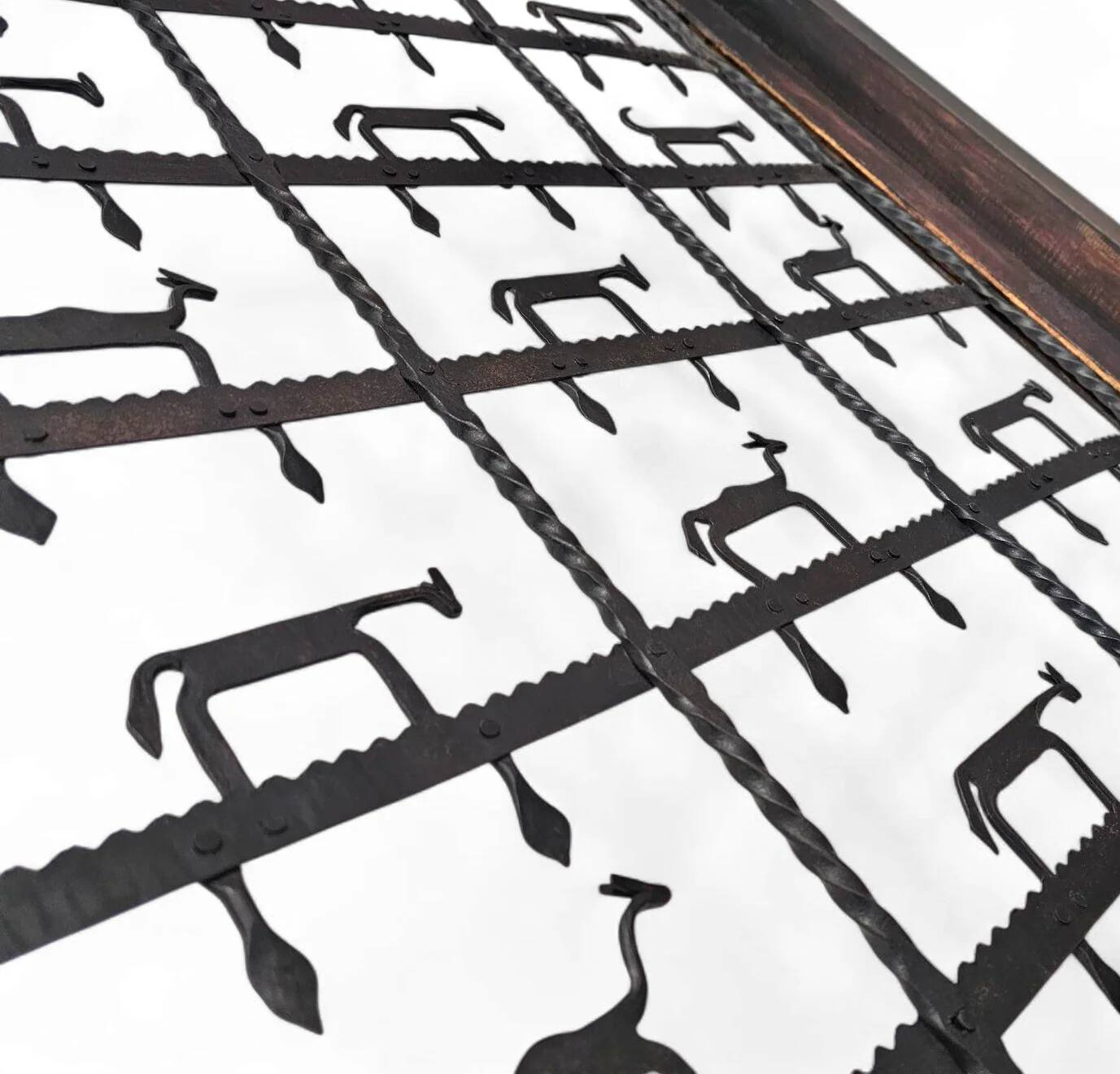 French brutalist coffee table, forged wrought iron, shepherd with dog and his herd, 1970s, transparent glass top