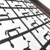 French brutalist coffee table, forged wrought iron, shepherd with dog and his herd, 1970s, transparent glass top