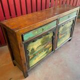 Buffet ancien en bois d'orme avec un décor peint de Paysages Lacustres