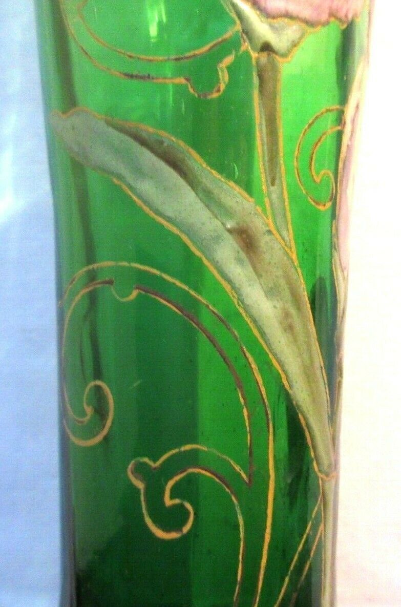 Vase "Spring" Art Nouveau enamelled glass Legras with purple iris and gold lace