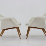 Pair of miroslav navratil shell lounge chairs in sheepskin fabric, czechoslovakia, 1960