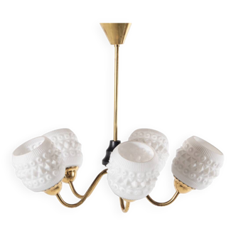 White crystal shades brass ceiling lamp, Sweden 1950’s