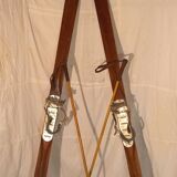 Pair of vintage wooden Skis and their poles + shoes.