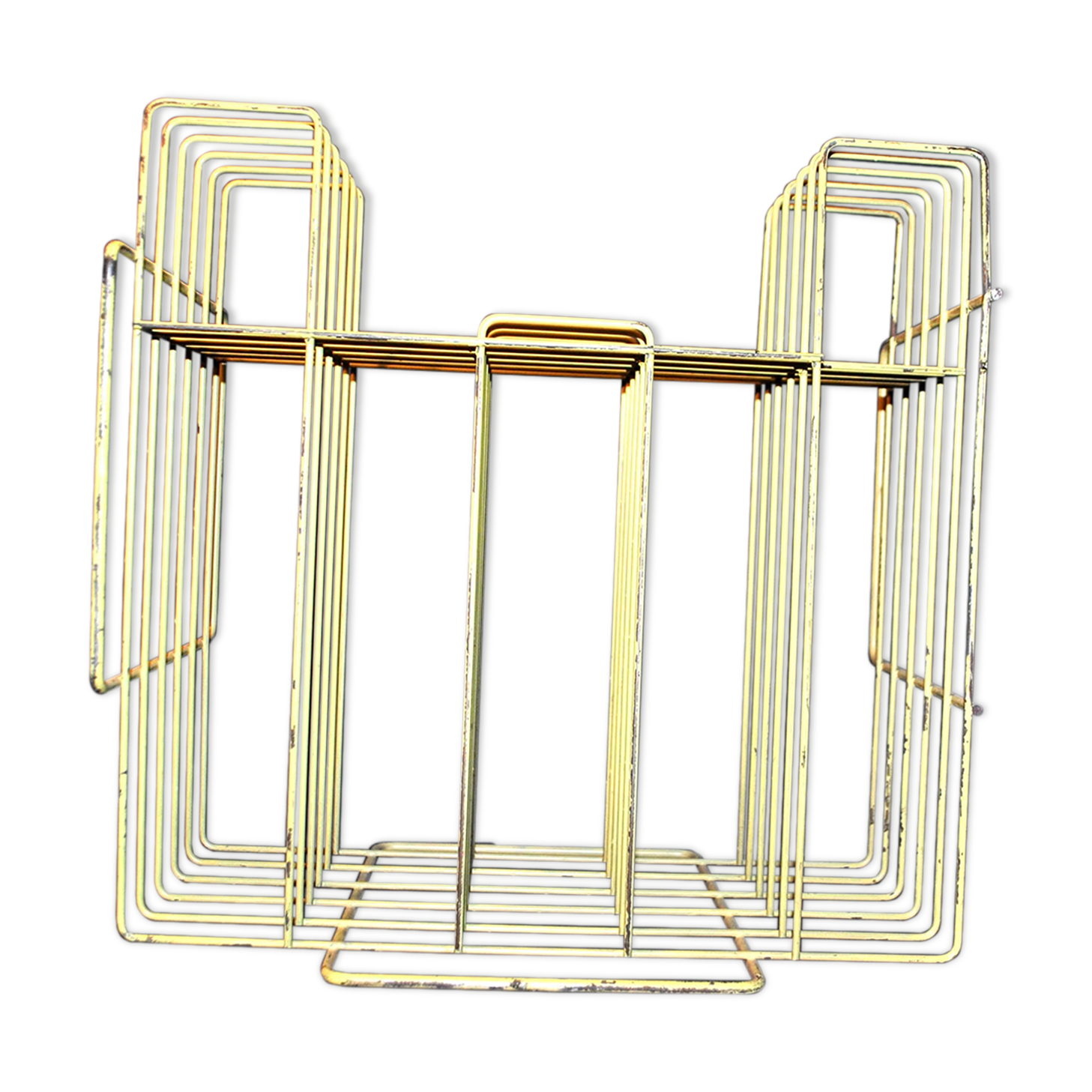 Vinyl record holder / graphic design magazines in yellow metal 1960-1970