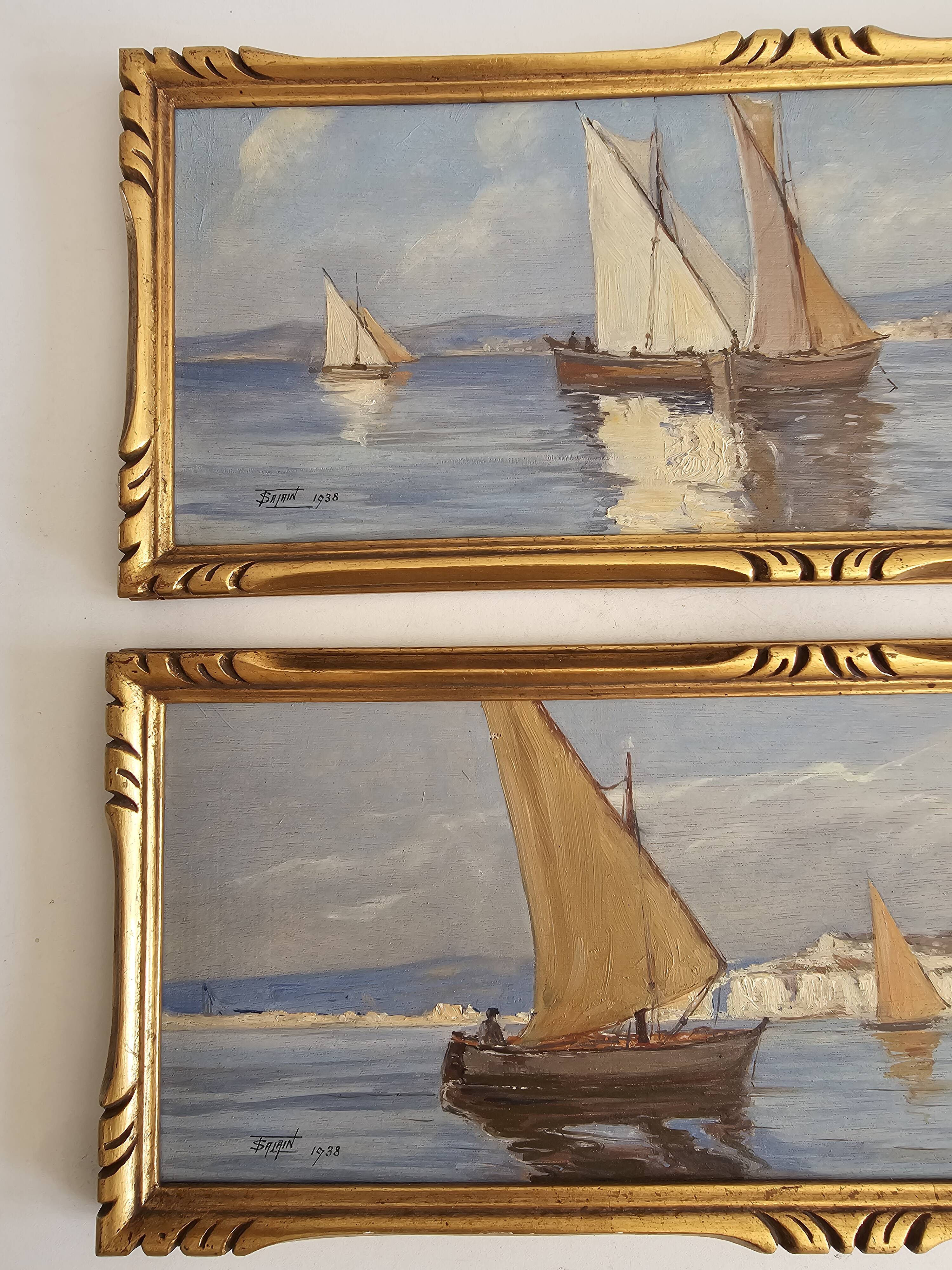 Set of 2 Oil Paintings on Wooden Panels Marine Sailboats Signed Salain