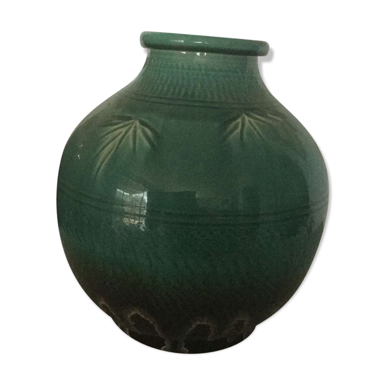 Green earthenware vase base with black flame decoration