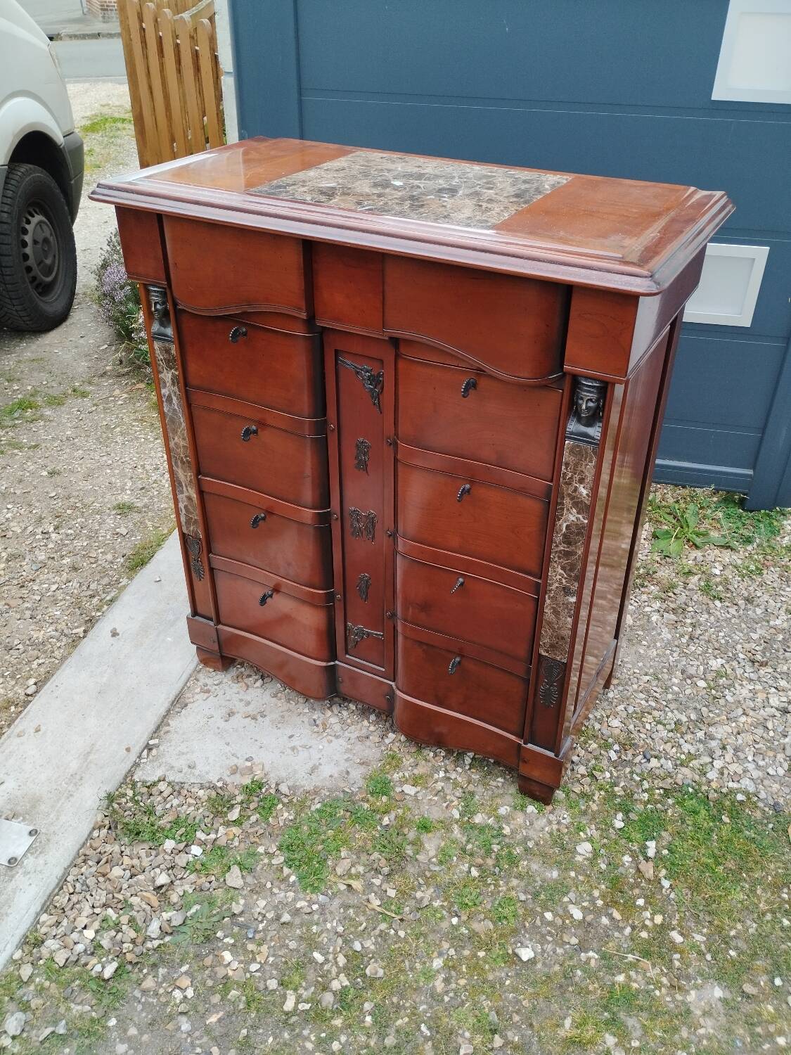 Antique weekly chest of drawers, Louis XVI style marble top