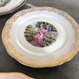 Lot of 8 plates plates pasta and enamels of limoges, decoration of gallant scenes 24.5 cm