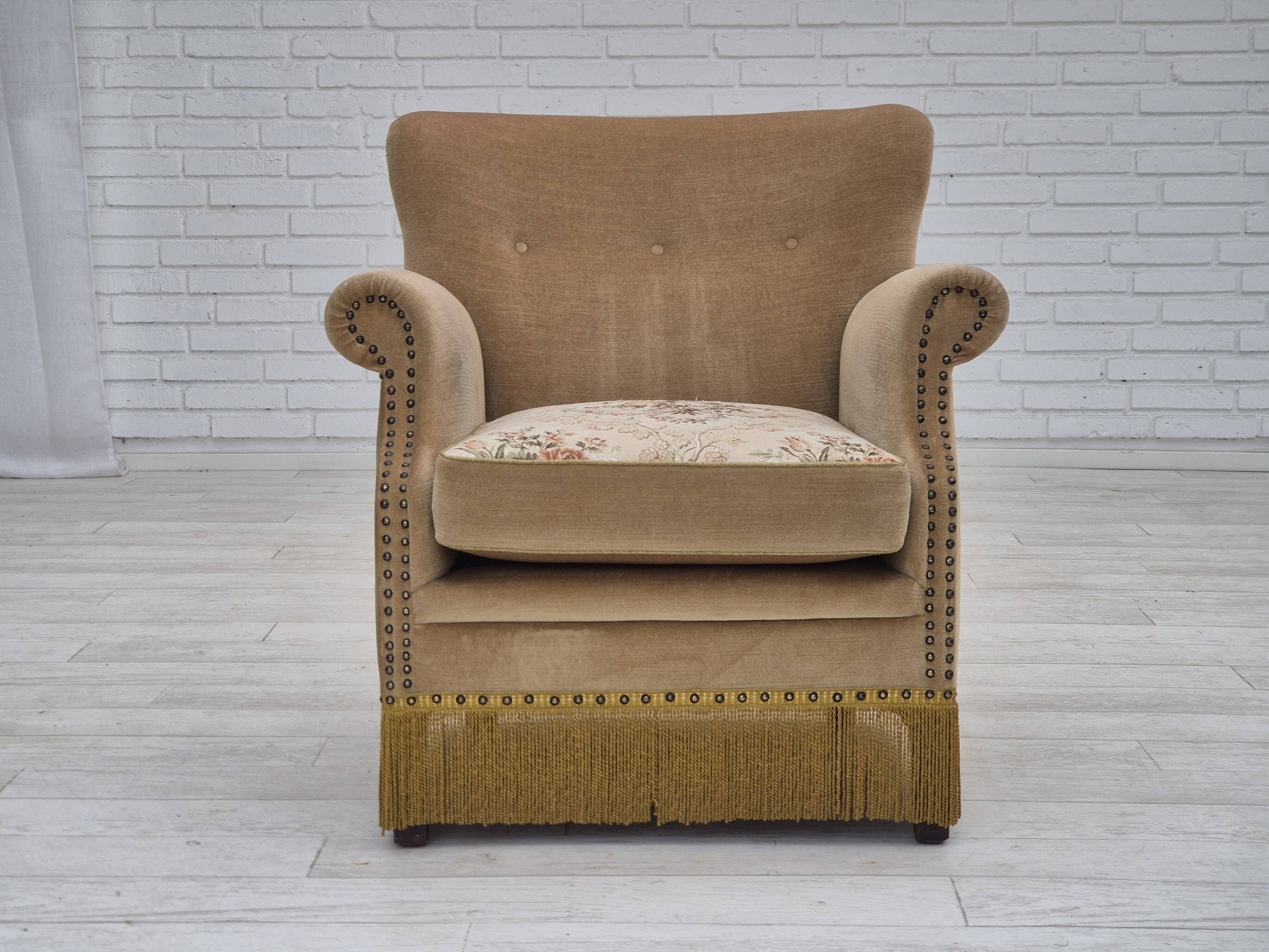 1960s, Danish lounge chair, green furniture velour, original condition.