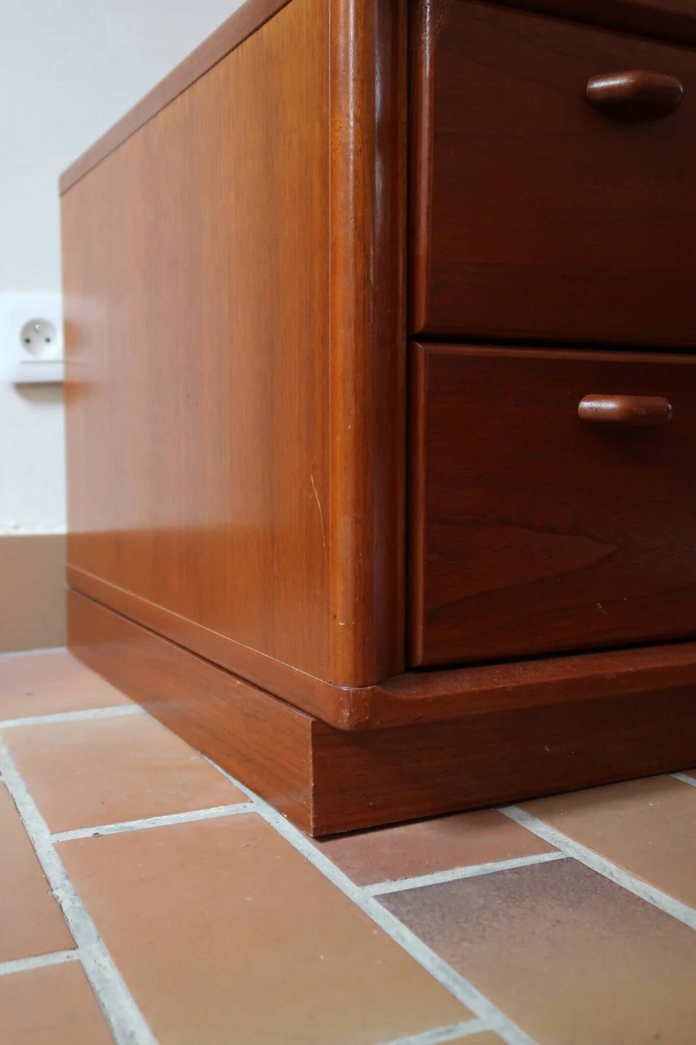 Small piece of furniture with 2 drawers in teak, bedside table or end table.