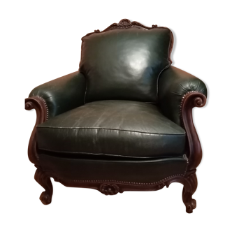 Fauteuil en cuir vert des années 70 dans un style Louis XV