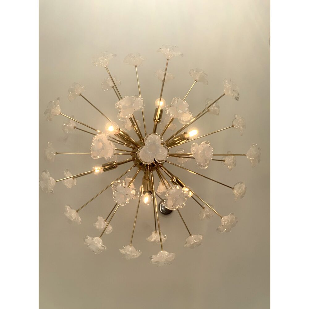 WHITE FLOWERS MURANO GLASS SPUTNIK OVAL GOLD CHANDELIER