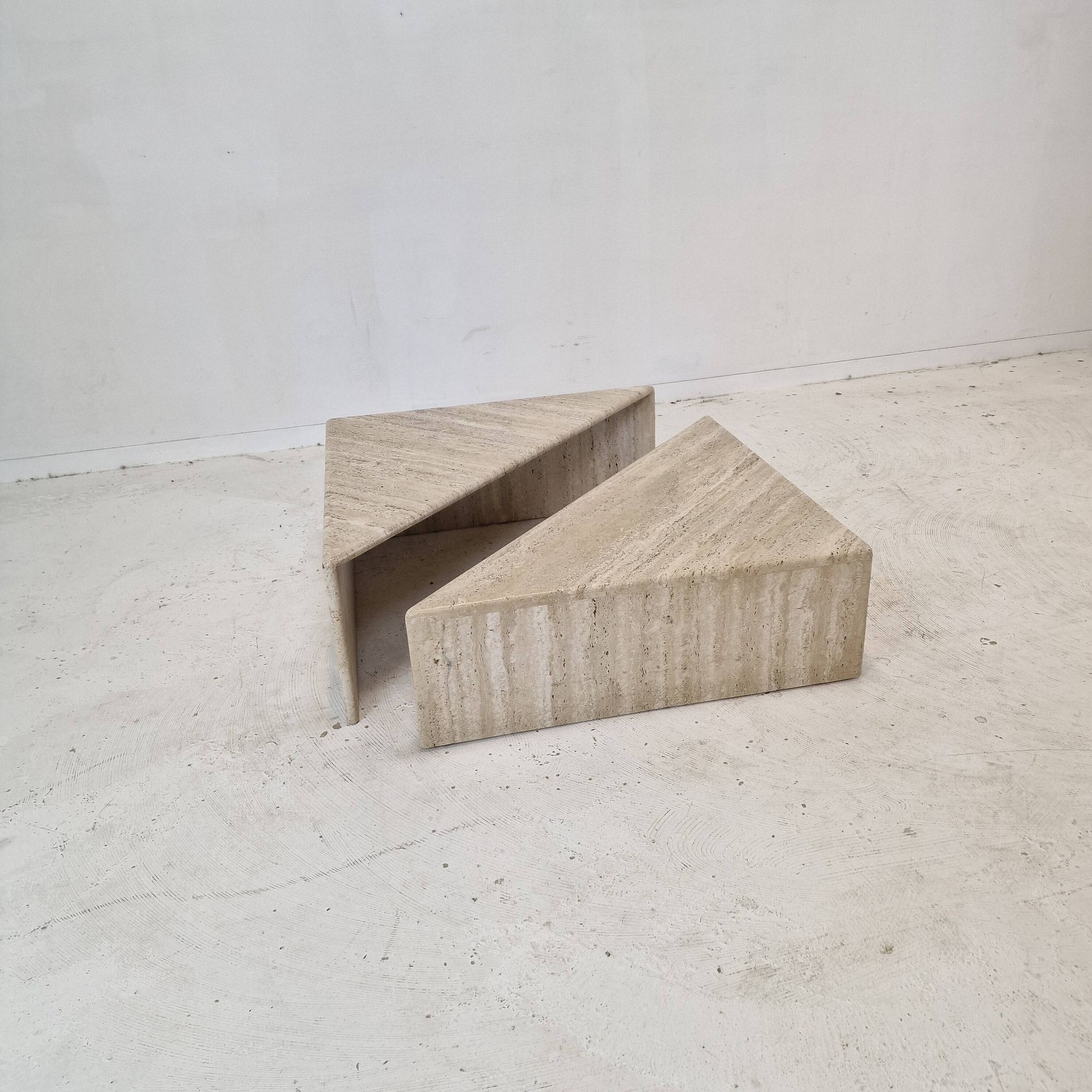 Set of Two Triangle Coffee Tables In Travertine By Up & Up, Italy 1980's