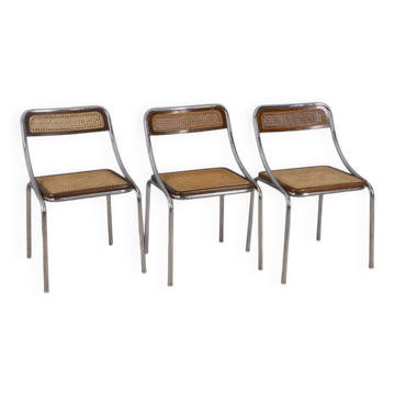 Ensemble de 3 chaises vintage des années 1970 en métal et paille de Vienne, design italien.