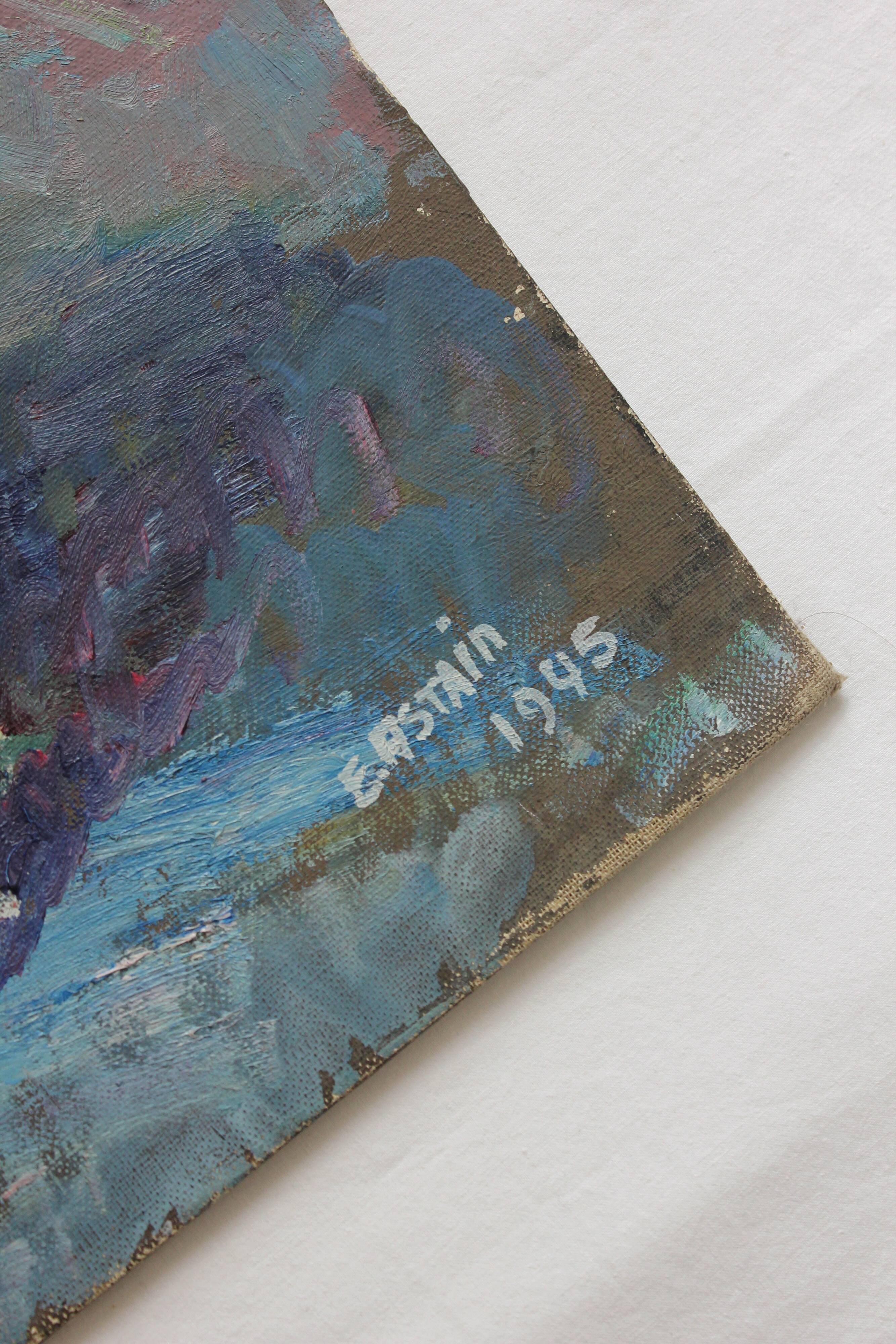 Old painting, oil on cardboard signed E. Astain, "Flowers", 1945