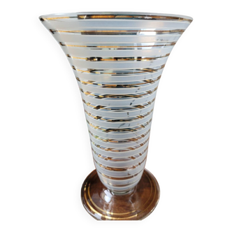 Grand vase en verre strié blanc et doré