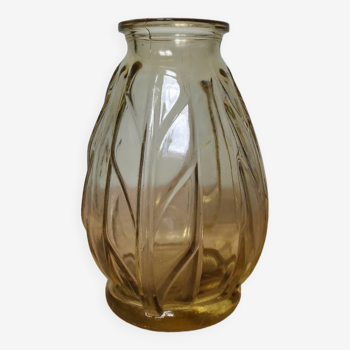 Vase en verre moulé vintage jaune motif feuille végétal