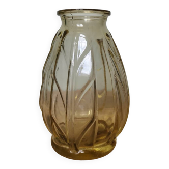 Vase en verre moulé vintage jaune motif feuille végétal