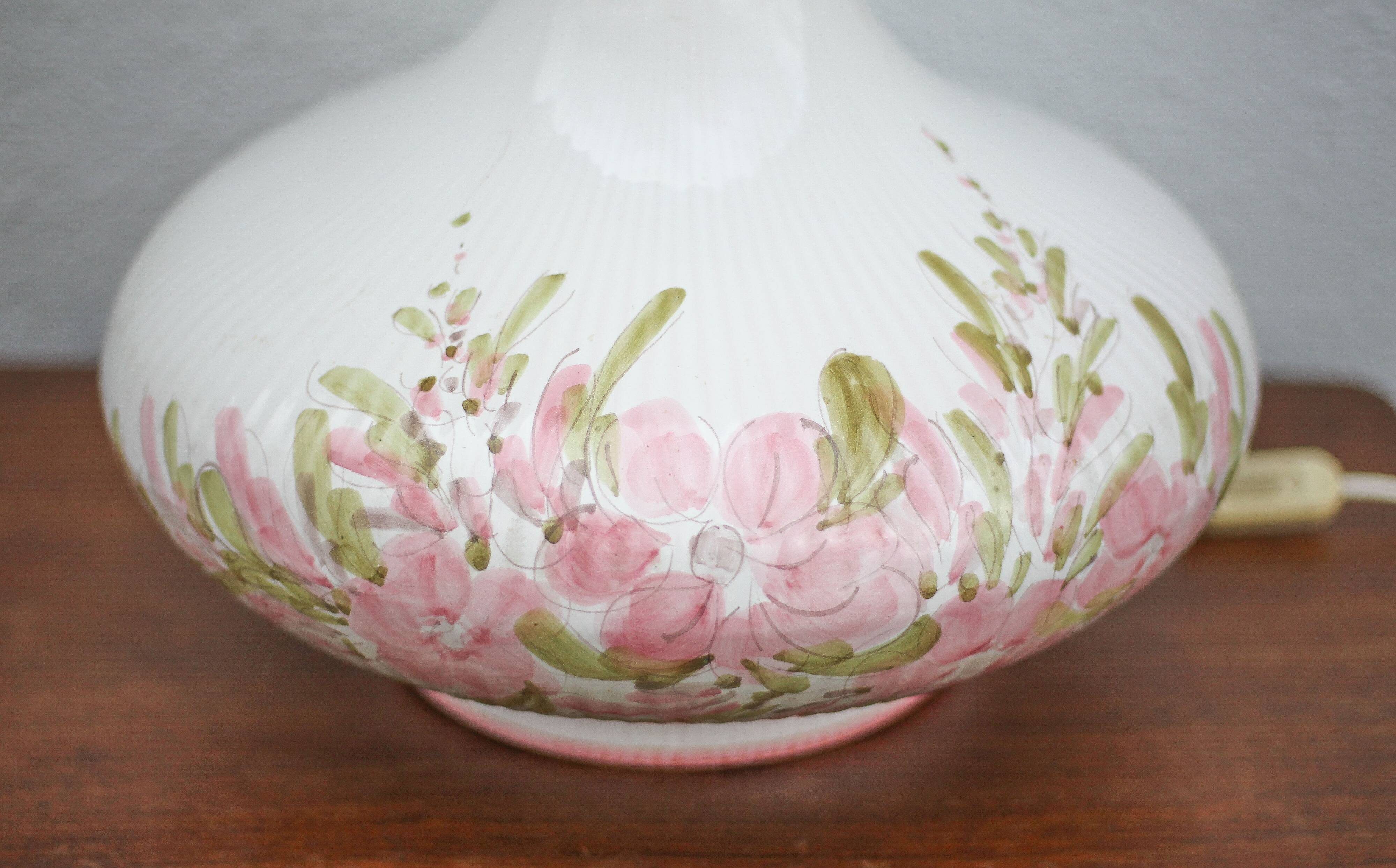 Large glazed terracotta lamp with flower decoration, ceramic signed Maithé