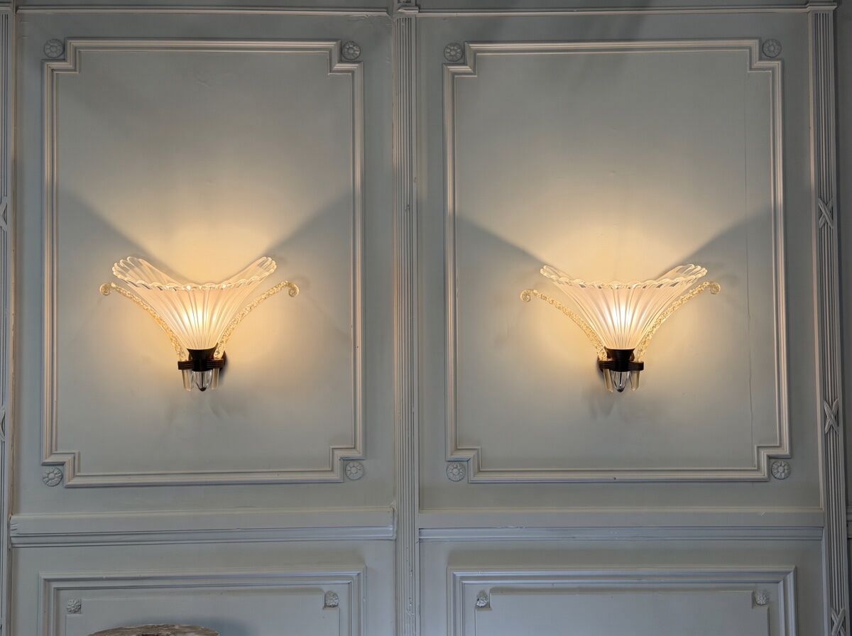 Pair of Venetian wall lights in Murano glass by Seguso, circa 1930.