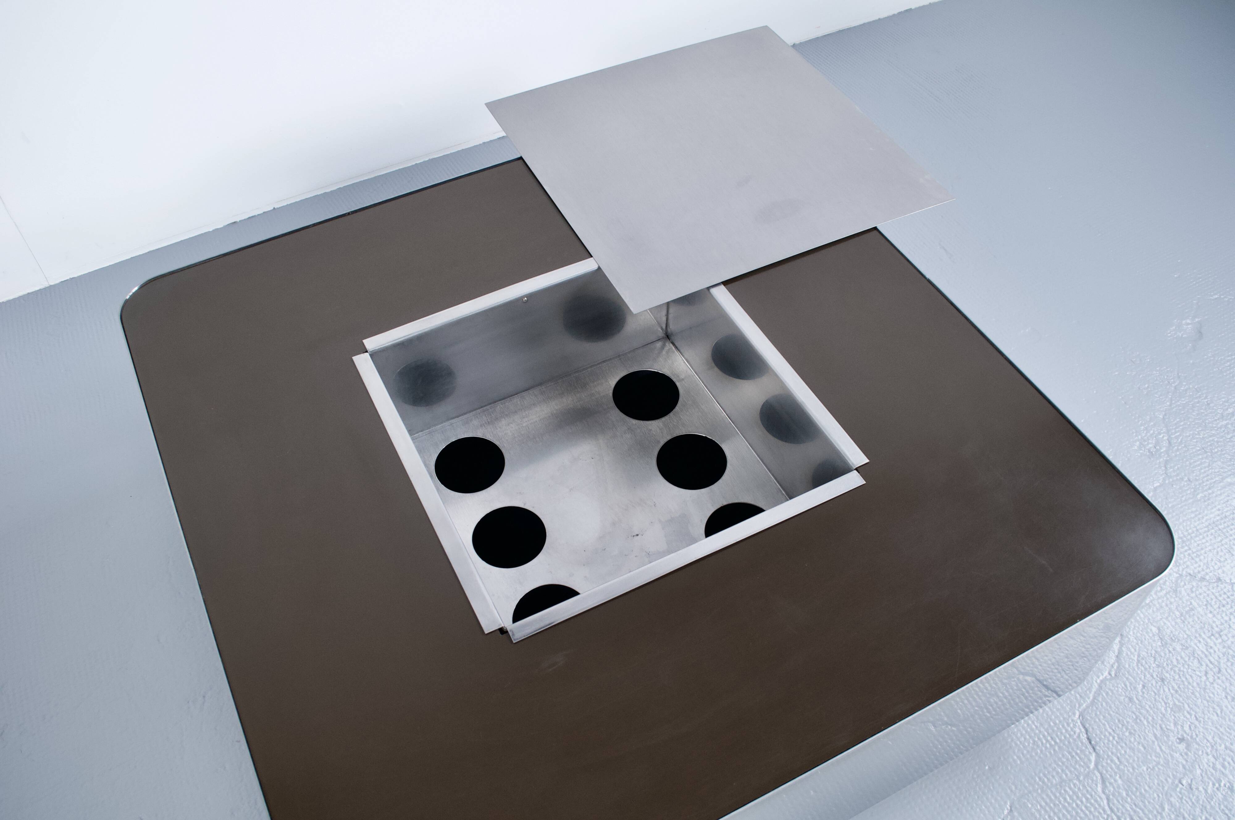 1970s COFFEE TABLE BAR BRUSHED STEEL AND BROWN MELAMINE