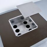 1970s COFFEE TABLE BAR BRUSHED STEEL AND BROWN MELAMINE