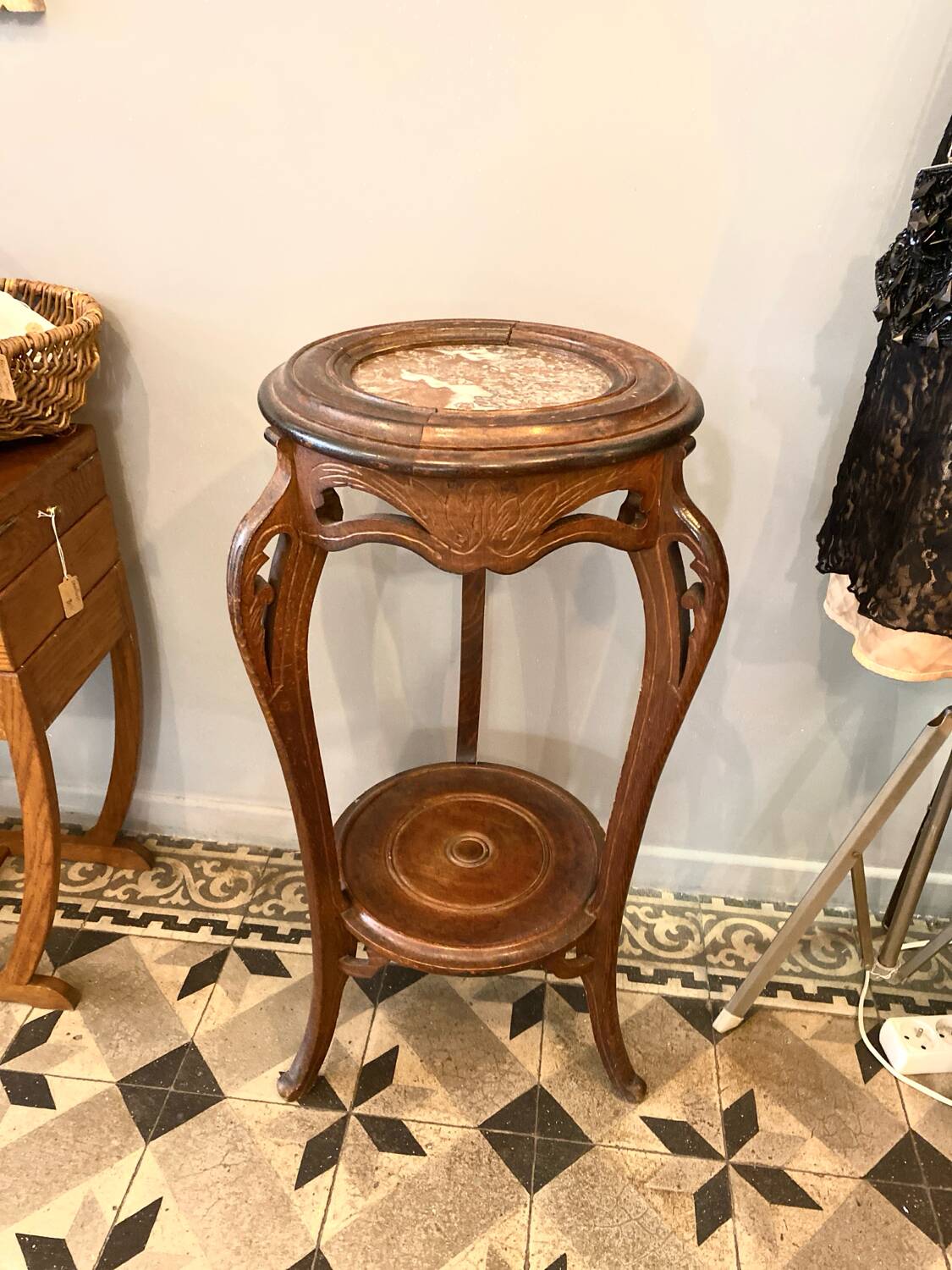 Art Nouveau wooden and marble stool