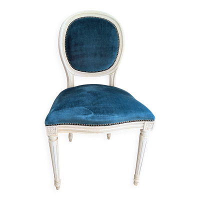 Chaise vintage style Louis XVI velours bleu pétrole et bois patiné