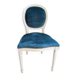 Vintage Louis XVI style chair in petrol blue velvet and patinated wood