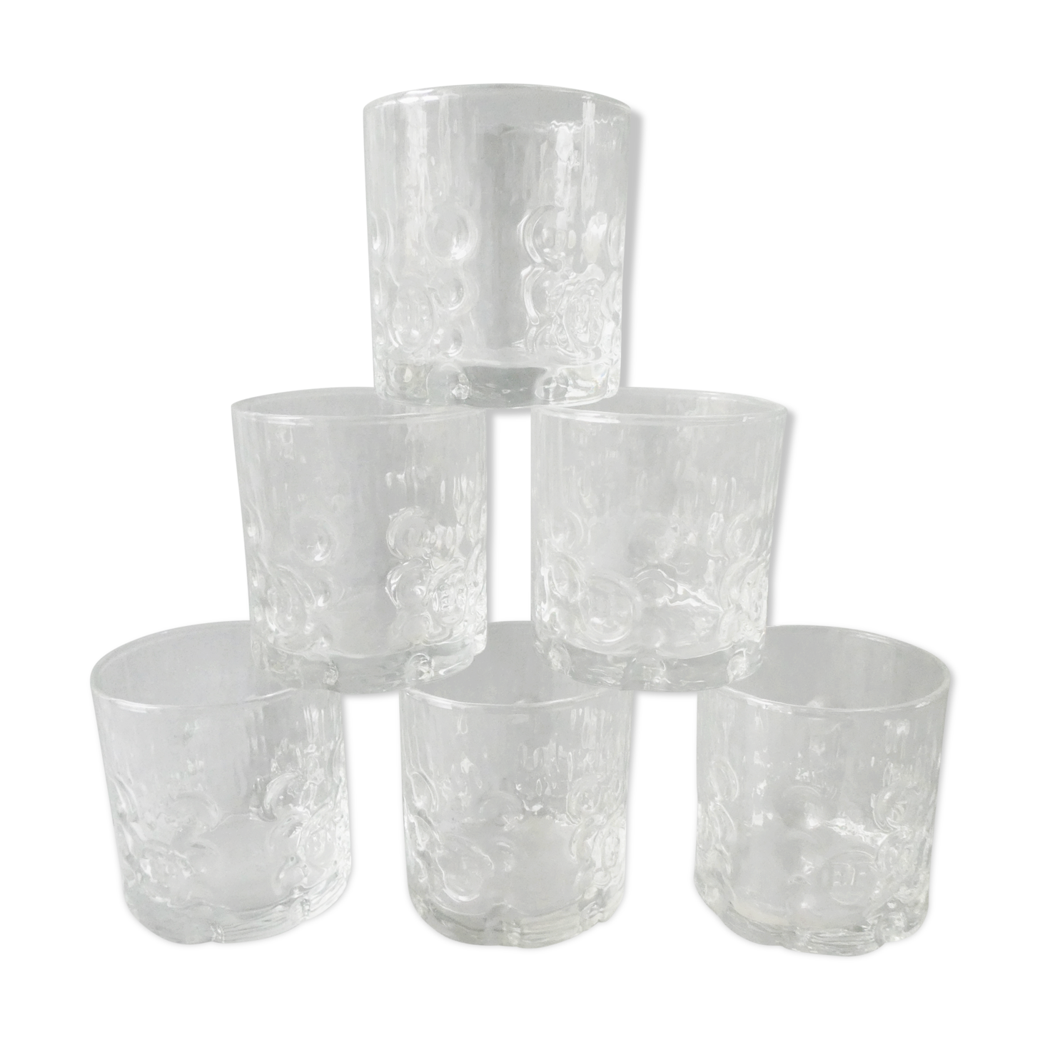 Set of 6 whiskey glasses, bubbled décor, BP, 70s
