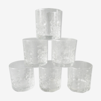 Set of 6 whiskey glasses, bubbled décor, BP, 70s