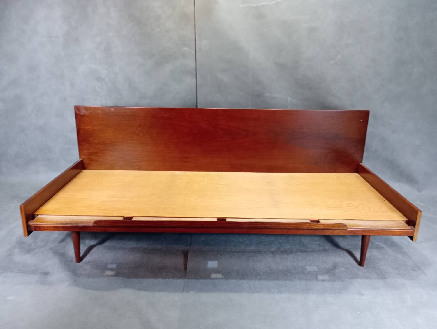 Jitona sobeslav sofa bed in walnut & boucle fabric, vintage czech 1960s